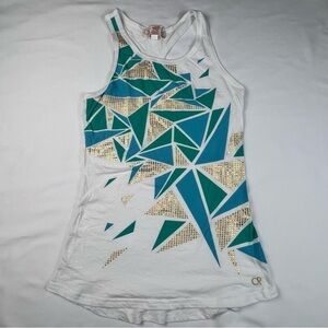 Op - Women’s Tank Top - Gold Embellishments - White and Teal - Racerback - Med